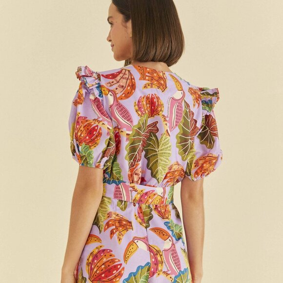 NWT Farm Rio Beaks & Bananas Ruffle Belted Romper Lilac l Medium l MSRP $200 - Picture 3 of 7